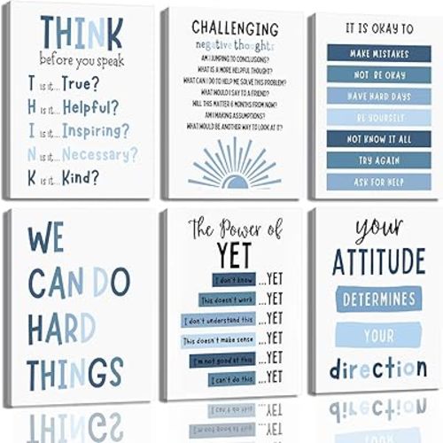 6Pcs Framed Blue Inspirational Quotes Kids Affirmation Wall Art Prints,Positive Affirmations for Kids wall Decor,Educational Growth Mindset Posters for Playroom Nursery Classroom Decor,8x10 inch.