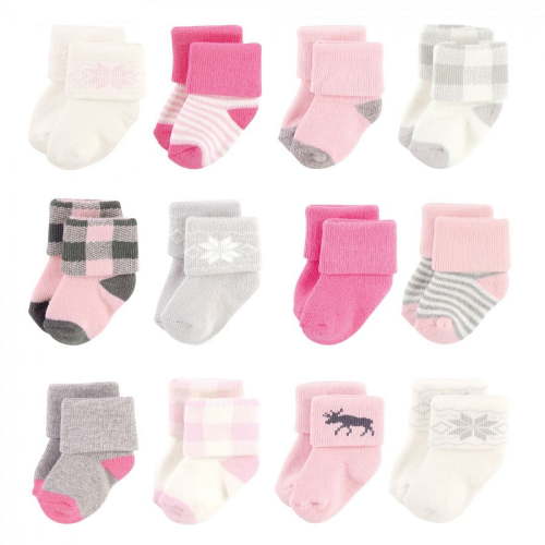 Hudson Baby Infant Girl Cotton Rich Newborn and Terry Socks, Pink Moose, 0-6 Months