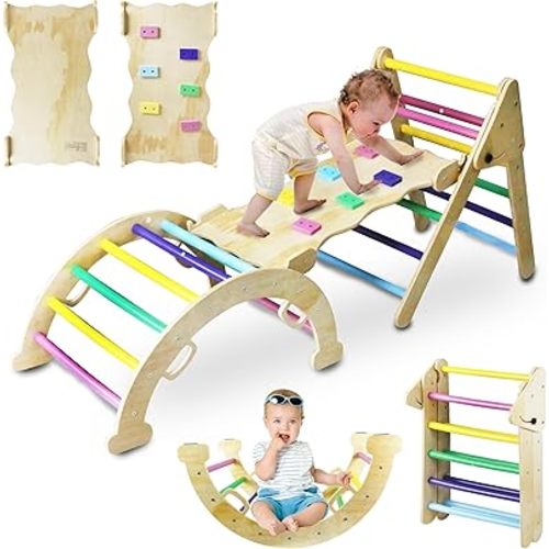 5in1 Wooden Climbing Toys, for Toddler Kids Playground with Arch & Ramp & Ladder, Foldable Baby Jungle Climbing Gym, Outdoor & Indoor