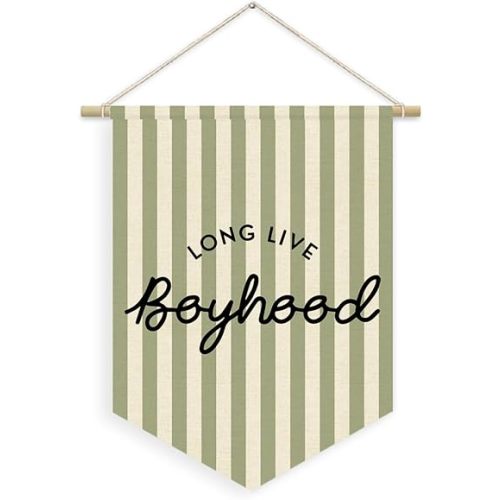 Boys Room Decor, Long Live Boyhood Boy Nursery Linen Canvas Banner, Green and White Striped Wall Hanging Pennant Flag Banner for Boys Kids Toddler Room Bedroom Playroom Decor, 15x11in