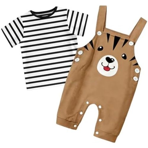 Baby Boys Clothes Set Summer Newborn Animal Outfits 2pcs Short Sleeve Striped Top + Short Overalls