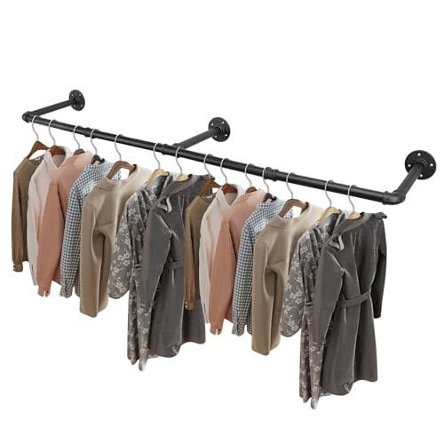 Livabber Industrial Pipe Clothes Rack, Heavy Duty Detachable Iron Garment Rack Wall Mounted, Rustic Saving Space Clothes Bar Multi-Purpose Hanging Rod for Bedroom, Closet, Black (50 Inch)