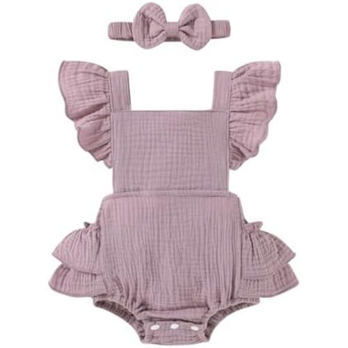 Happy Town Baby Girl Clothes Toddler Summer Linen Romper Sleeveless Ruffle Outfits Infant Girls Jumpsuit with Headband