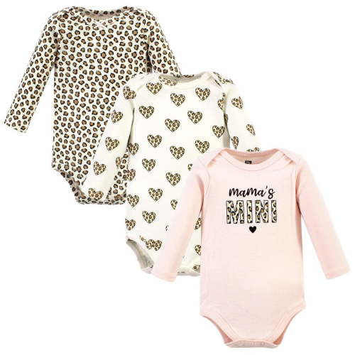 Hudson Baby Infant Girl Cotton Long-Sleeve Bodysuits, Leopard Hearts 3 Pack, 6-9 Months