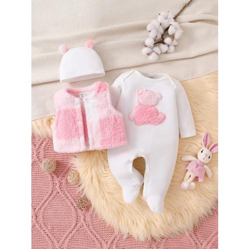 SHEIN 3pcs/Set Newborn Pink & White Bear Pattern Long Sleeve Romper With Vest And Hat, Home Clothes Set