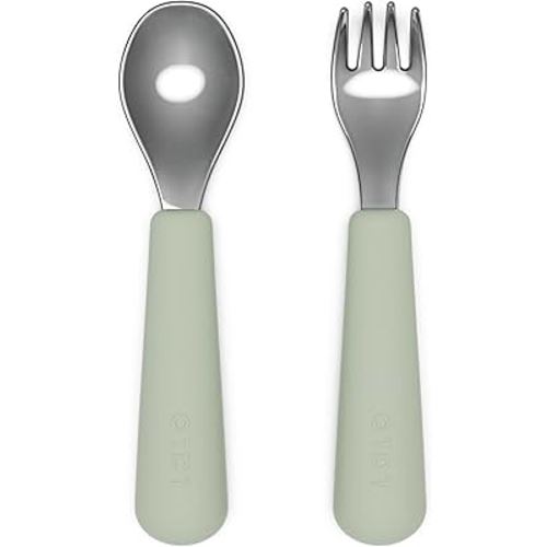 Lalo Utensils - Toddler Fork and Spoon Set - Stainless Steel and Silicone Ergonomic Toddler Utensils - Children Safe Flatware Set - 2 Pieces - Sage