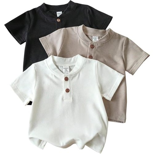 Baby Boys 3 Pack Short Sleeve Casual Tees Shirts Tops Solid Button Tee Shirt Henley T-Shirt for Toddler 6M-3Y