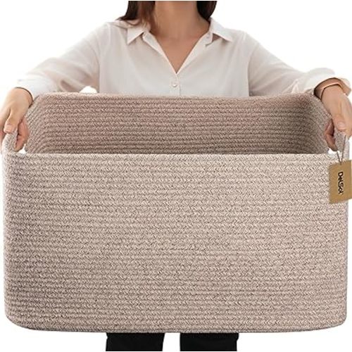 DelSol Large Rectangle Blanket Basket 56x43cm Woven Wicker Nursery Cotton Rope Baskets for Storage Pillows Clothes Toy Organizer Hamper with Handle (Brown)