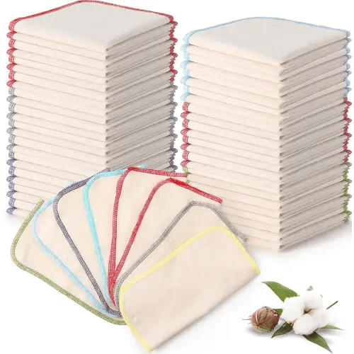 Zopeal 32 Pcs Flannel Cloth Baby Wipes Reusable Dispenser Washable Soft Natural Unbleached Baby Face Cloth Wipes 8 Colors Outer Stitching 8 x 8 Inches