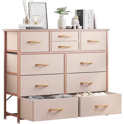 LUMTOK 10-Drawer Dresser, Fabric Storage Dressers Drawers for Bedroom, Hallway, Nursery, Closets, Steel Frame, Wood Top, Easy Pull Handle (Rose Gold)