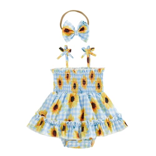 Baby Girl Romper Dress Smocked Ruffle Bubble Bodysuit Headband Set | Watermelon Baby Girl Outfit, Floral Sunflower Dress, Smocked Bubble Romper, Gingham Ruffle Skirt, Infant Cowgirl Outfits
