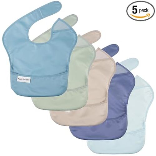 Tiny Twinkle Mess-Proof Baby Bibs for Eating | Waterproof, Wipeable Toddler Bibs with Catch-All Pocket | Feeding Bibs for Girls & Boys(5 Pack, Boy Spring)
