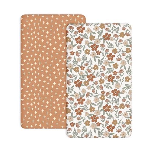 Pack N Play Sheets 2 Pack, 27"x39" Fitted Mini Crib Sheets Baby Boys Girls | Fit for Pack N Play and Mini Crib Mattresses, Stretch Jersey Knit, Snug Fitted Edge, Machine Washable (Rusty Garden)