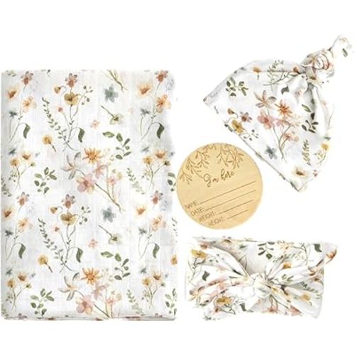 Muslin Swaddle Set with 100% Organic Floral Swaddle, Hat, Bow, and Newborn Welcome World Sign for Baby Girls 70% Bamboo/30% Organic Cotton
