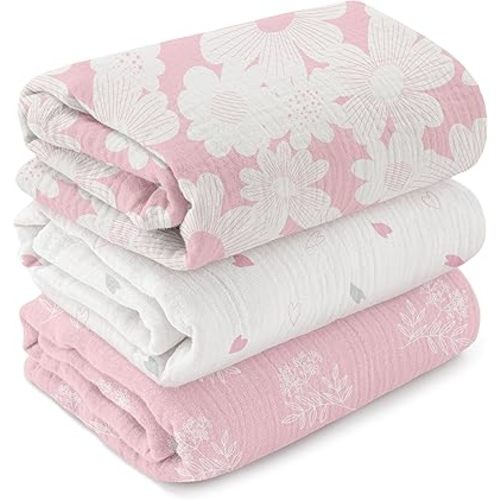 Muslin Swaddle Blankets for Newborn, 3-Pack Cotton Receiving Blankets, Large 40 x 38 inches, Baby Blankets for Boys and Girls, Wrap Burp Cloths, Pink Flower