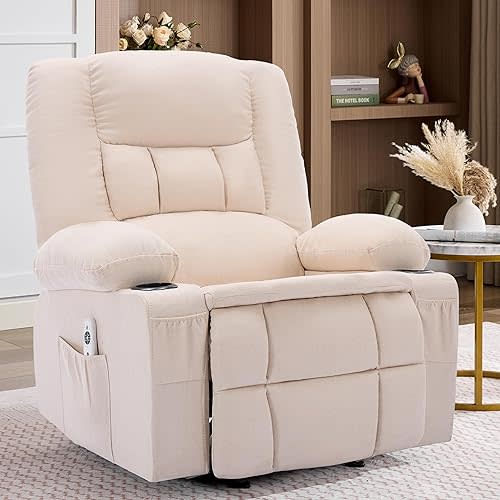 Rocker Recliner Chair with Massage and Heat, Nursery Rocking Chairs for Living Room, Comfy Relining Chair with Cup Holders, USB Charge Port, Side Pockets, Ergonomic Single Sofa, Beige