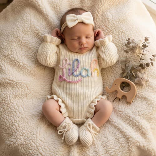 Baby Girl Romper Set, Personalized Newborn Clothes, Hand Embroidered Newborn Gift