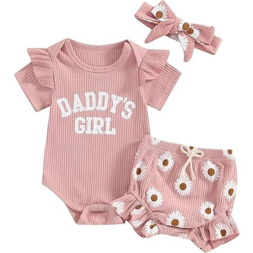 Tsnbre Newborn Baby Girl Clothes Daddys Girl Short Sleeve Romper Floral Shorts Headband Infant Summer Outfits