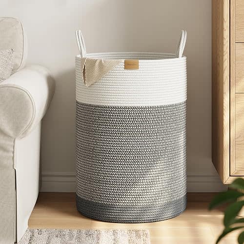 Nunsino Laundry Hamper 95L,Large Laundry Basket for Clothes,Decorative Storage Basket for Blankets,Cotton Rope Woven basket for bedroom,Grey White