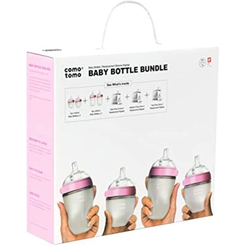 Comotomo Baby Bottle Bundle, Pink, (7 Piece Set)
