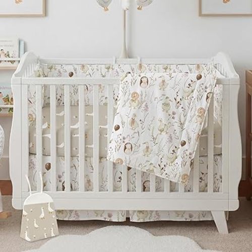 Hahafelt 4 Pieces Crib Bedding Set for Girls and Boys, Soft Baby Bedding Set Including Crib Skirt, Comforter, Sheet and Diaper Stacker for Nursery(Goose Theme)