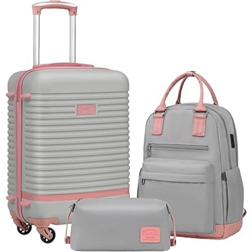 Coolife Suitcase Set 3 Piece Luggage Set Carry On Travel Luggage TSA Lock Spinner Wheels Hardshell Lightweight Luggage Set(Gray+Pink, 3 piece set (BP/TB/20))