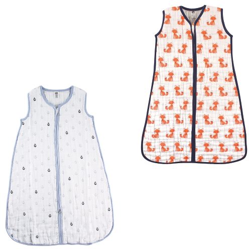 Hudson Baby Unisex Muslin Cotton Sleeveless Wearable Sleeping Bag, Sack, Blanket, Anchor/Foxes Muslin 2-Pack, 6-12 Months