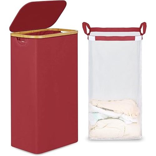 efluky Slim Laundry Basket with Lid, Narrow Laundry Hamper with Removable Bag, Skinny Dirty Clothes Basket with Bamboo Handles for Bathroom, Bedroom & Laundry Room, 75L Burgundy