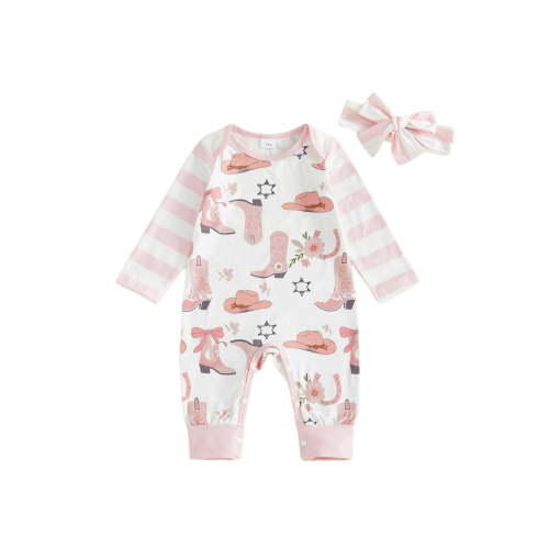 BemeyourBBs Newborn Baby Girls Western Clothes Cowgirl Outfits One Piece Romper Long Sleeve Boots Print Jumpsuit with Headband Fall Winter Spring Clothes