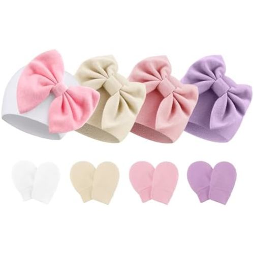 BQUBO Newborn Baby Hats Mittens Set Hospital Hat Beanie Infant Bow Hats Baby Gloves No Scratch Mittens for 0-6 Months