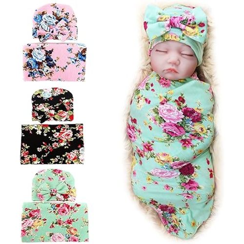 DRESHOW BQUBO Newborn Receiving Blanket with Bow Hat Set Flower Print Baby Swaddle Blankets with Beanie Nursery Swaddle Wrap 3 Sets