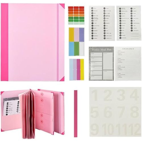 Family Document Organizer Binder, Home File Storage Folder with Labels, Portable Important Paper Organizer for Household Records (1, Pink)