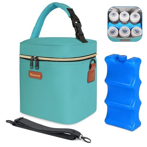 Breastmilk Cooler Bag with Ice Pack, Mancro Insulated Baby Bottle Tote Bag Fits up to 6 Bottles of up to 9 Ounces, Baby Bottle Bag for Nursing Mothers, Green