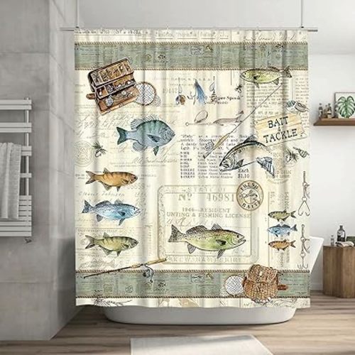 Farmhouse Fishing Shower Curtain Cabin Fish Bathroom Shower Curtains Farmhouse Country Rustic Shower Curtain Waterproof Polyester Fabric 60 x 72 Inch