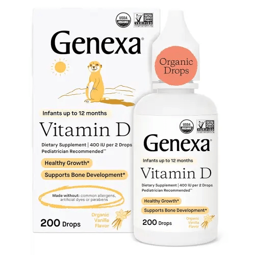 Genexa Infants Vitamin D Liquid Drops for Newborn, Baby & Toddler | Supports Growth & Bone Development | Delicious Organic Vanilla Flavor | Certified Organic, Gluten Free, & Non-GMO | 90 Servings