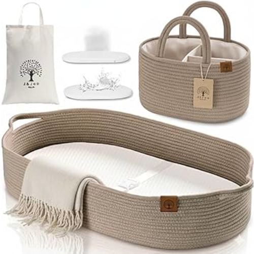 J&JOO Baby Changing Basket Set Includes Diaper Caddy - Waterproof Dual-Cover, Portable, Changing Pad for Dresser & Changing Table, Gift for Baby Shower, Cotton Rope Basket for Baby