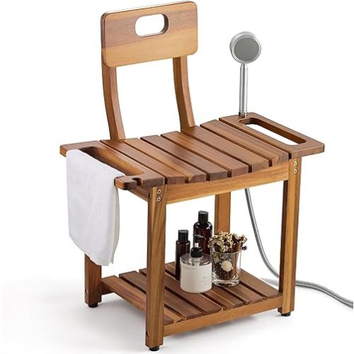 BLUEWEST 23.4'' Shower Chair with Backrest Bath Chair for Inside Shower or Tub, Heavy Duty 450 lbs Support, Non-Slip Feet, Shelf Storage, Built-in Handles for Elderly or Adults (Acacia)