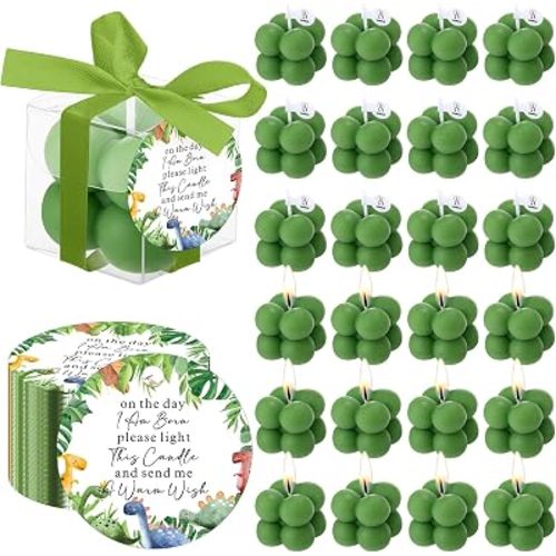 MTLEE 24 Sets Dinosaur Baby Shower Favors Small Bubble Candle Baby Shower Favors for Guests Tea Candles Bulk with Stylish Ribbons Cards Gifts Party Decoration(Army Green,Dinosaur)