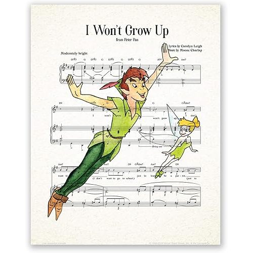 AtoZStudio Peter Pan and Tinker Bell Poster // Neverland Music Sheet Wall Art Decor Print // Nursery Baby Gift // Kids Room Christmas // Party Decoration (8x10)