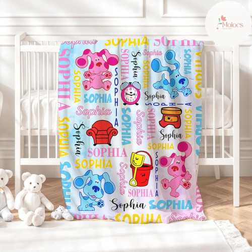 Personalized Blue Clues Blanket, Custom Name Blue Clues Dog Lovers Birthday Party Fleece Blanket, Birthday Boy Birthday Girl Kids Home Decor