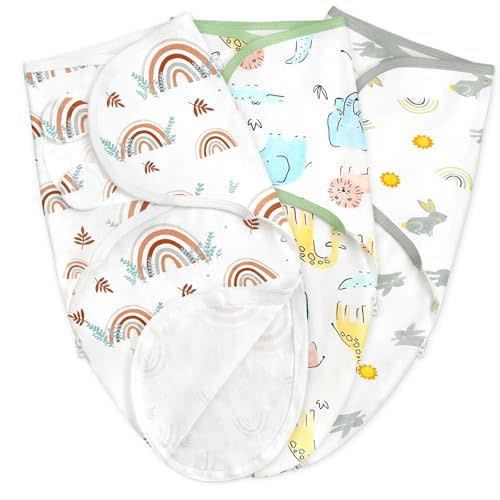 3 Pack Baby Swaddle Wrap, Cotton Newborn Swaddle with Zipper Adjustable Nursery Swaddling Blankets for 0-3 Months (Rainbow, 0-3 Months)