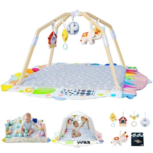 Baby Play Gym, Stage-Based Development Activity Gym & Play Mat for Baby to Toddler, Wooden Tummy Time Mat with 5 Developmental Zones & 5 Detachable Sensory Toys, Baby Essentials Gift