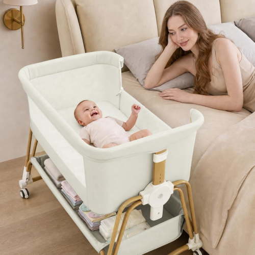 4-in-1 Baby Bassinet & Bedside Sleeper for Babies, 7-Level Height Adjustable, Wheels with Storage Basket, Breathable Mesh,White