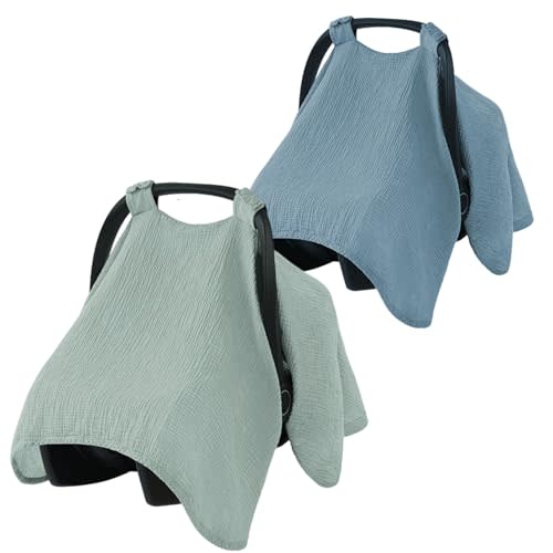2 Pcs Baby Car Seat Cover, Breathable Muslin Cotton, Infant Windproof Canopy, Soft Baby Nursing Cover, Universal Fit Stroller Covers for Stroller Outdoor Boys & Girls, Must Have Baby Gift- Roman Green