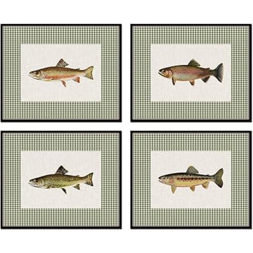 Trout Green Gingham Set 1, Fish Art, Trout Wall Art, Fish Prints, Chinoiserie Decor, Grand Millenial Decor, Cabin Decor, Lake House Decor, Vintage Art (PAPER PRINTS - UNFRAMED, 11X14 SET OF 4)