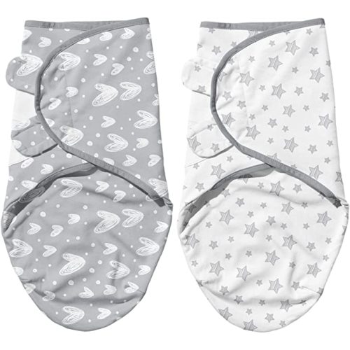 Biloban Baby Swaddles 0-3 Months for Boy Girls, Newborn, Organic Cotton Adjustable Blanket, Lovely Grey Print, 2 Pack