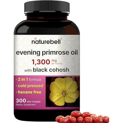 NatureBell Evening Primrose Oil with Black Cohosh, 1,300mg Per Serving, 300 Mini-Softgels | Cold Pressed Seeds, Retains 130mg GLA for Womens Health & Skin Care Support – Hexane Free, Non-GMO