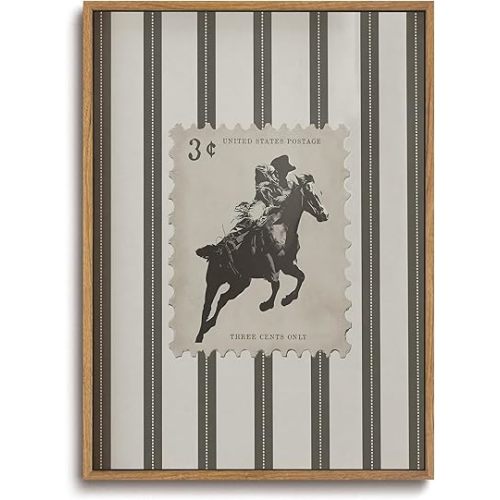 ZZLWBKGL Vintage Western Framed Wall Art Farmhouse Striped Cowboy Canvas Wall Art Retro Country West Stamp Pictures Decor Mid Century Bucking Bronco Rodeo Art Prints for Living Room Bedroom