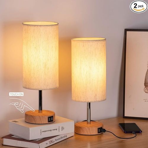 Yarra-Decor Bedside Lamps with USB Port - Touch Control Table Lamp for Bedroom Wood 3 Way Dimmable Nightstand Lamp Set of 2 with Round Flaxen Fabric Shade for Living Room, Dorm, Home Office (2 Pack)