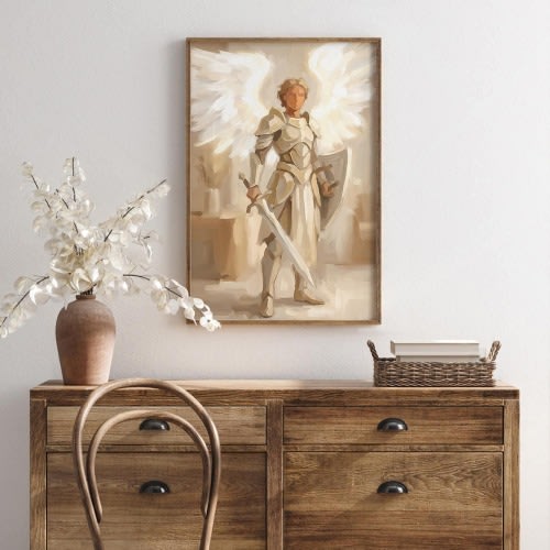 St Michael The Archangel Wall Art, Saint Michael Artwork, Abstract Neutral Decor, Catholic Warrior, Christian Decor, Jesus Shepherd Art